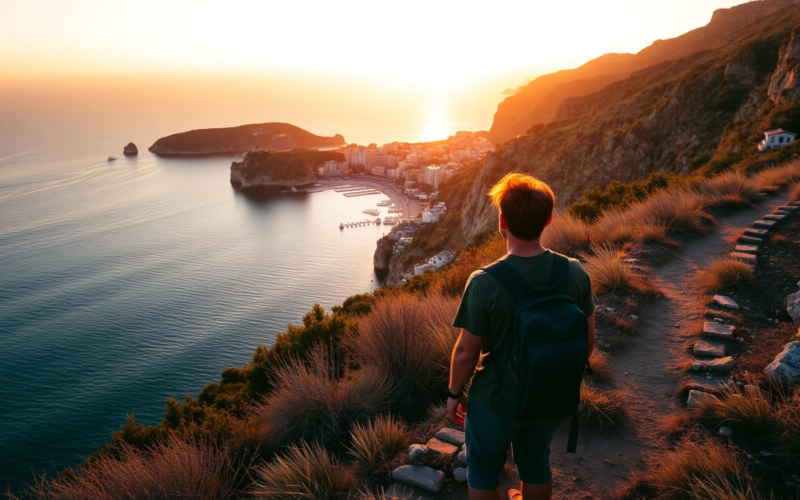 Traveller on a coastal path looking toward a harbour town at sunset